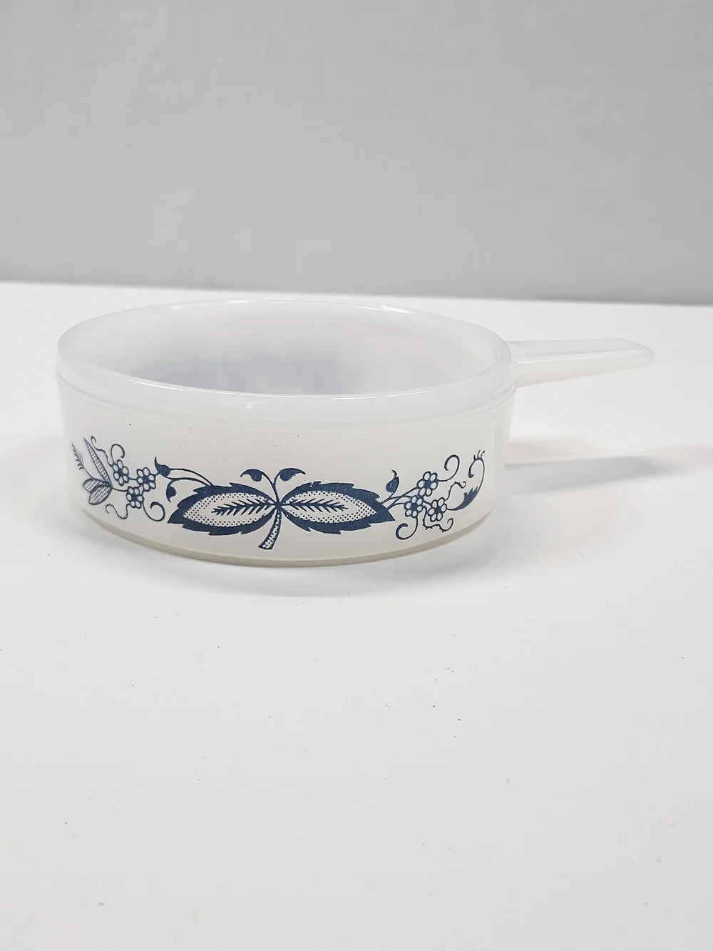 Vintage Glasbake Blue Onion Milk Glass Soup Chili Bowl Single Handle J-2639